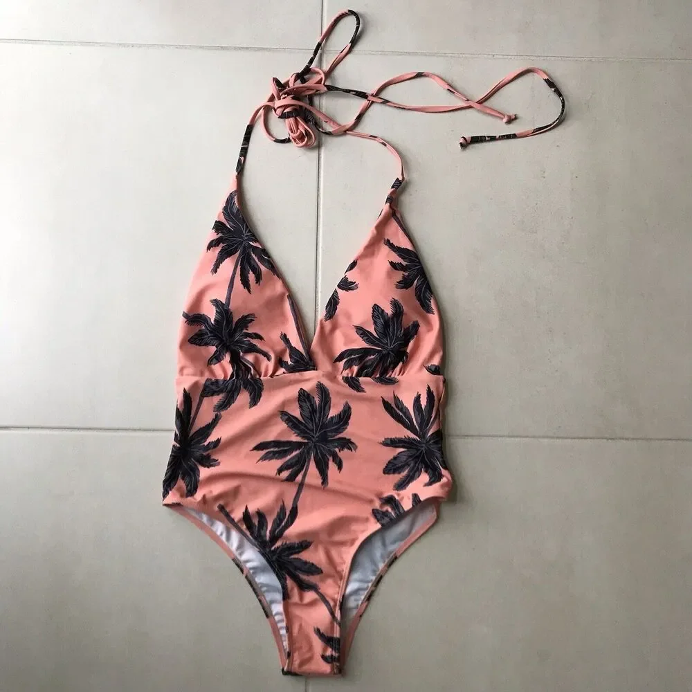 Shein One Piece Swimsuit Tropical Print Plunge Halter Neck Swimwear